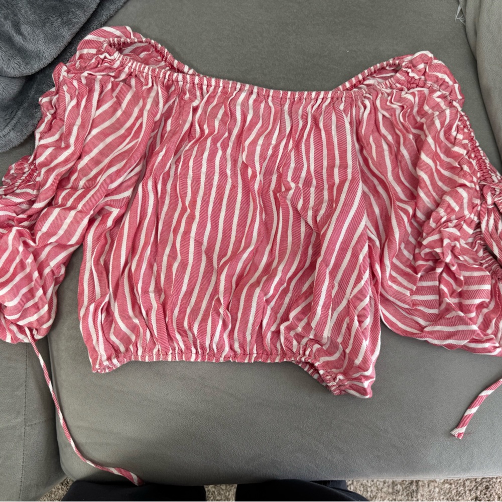 Striped Pink Off-Shoulder Crop Top with Ruched Sleeves